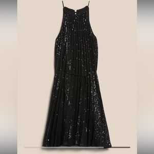 Black sequin pleated mini dress with tie waist - Banana Republic- Small Tall